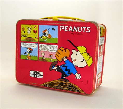 yellow charlie brown metal lunch box|snoopy lunch box 1970.